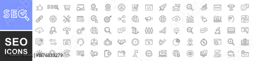 SEO - search engine optimization thin line icons set. Search Engine Optimization. Business, traffic, optimization, target. Editable stroke. Search Engine and Marketing icons for web and mobile app.