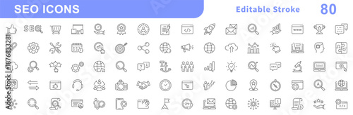 SEO - search engine optimization thin line icons set. Search Engine Optimization. Business, traffic, optimization, target. Editable stroke. Search Engine and Marketing icons for web and mobile app.