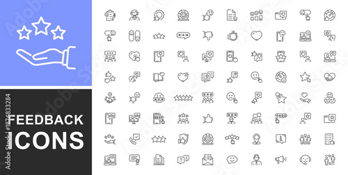 User feedback icon set. Feedback icons for web and mobile app. Containing feedback, like, customer review, review, satisfaction, good feedback, rate and more. Vector outline icons set. Editable stroke