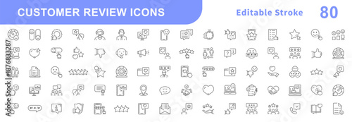 Customer review icon set. Feedback icons for web and mobile app. Containing feedback, like, customer review, review, satisfaction, good feedback, rate and more. Outline icons set. Editable stroke