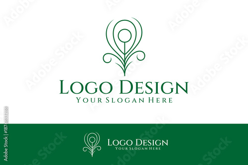 green peacock feather logo in minimalist line art design style