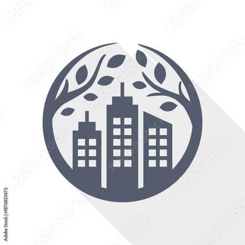 Sustainable city icon representing green urban development and renewable energy infrastructure.