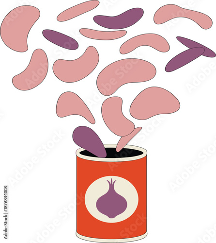 Canned red kidney beans vector illustration with legumes flying out of tin can, for grocery design