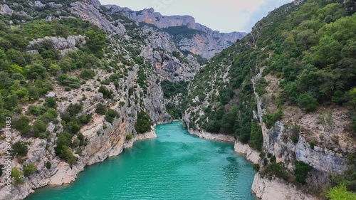 Panoramic road through the largest canyon in Europe, Gorges du Verdon in Provence, France. Landscape of the Gorges Du Verdon in south-eastern France. Provence-Alpes-Cote d'Azur.