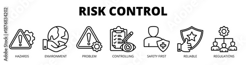 Risk control web banner icon vector illustration concept with icon of hazards, environment, problem identification, controlling, safety management, reliability, and regulations.
