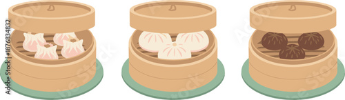 Assorted Steamed Dumplings Served in Traditional Bamboo Steamers on Plates Illustration