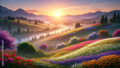 A realm of eternal spring with blooming flowers year-round and perpetual sunrise