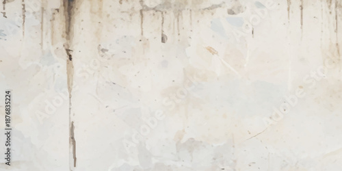 Vintage grunge surface texture blending light gray concrete wall stains with soft beige watercolor paper grain, organic streaks, and distressed plaster for artistic background design.