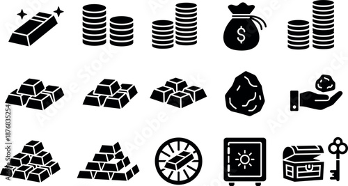Black Solid Finance and Wealth Icons Including Gold Bars, Coins, Money Bag, Safe and Treasure Chest