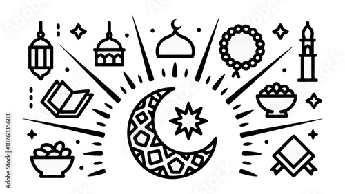 Ramadan Emblems: An artistic compilation of traditional Ramadan symbols and cultural icons, presented with elegance and reverence, radiating the spiritual essence of the holy month.