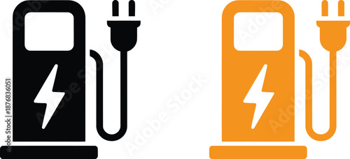 Electric Vehicle Charging Station Icons in Black and Orange Color Representing EV Power, Energy Supply, and Sustainable Transportation