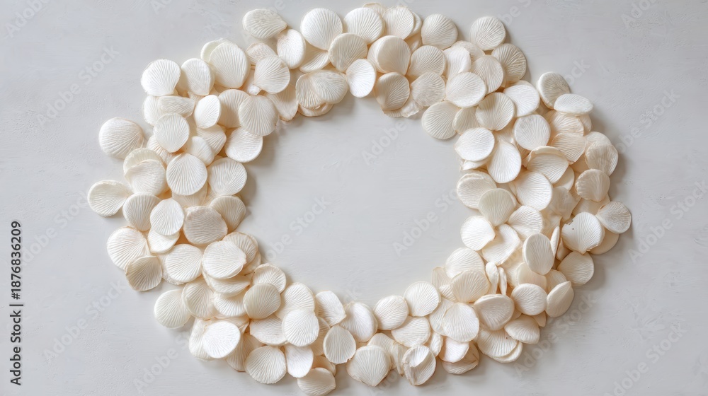 Obraz premium Circular Arrangement of White Shells on Light Surface for Natural Aesthetic Design