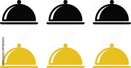 Food Cloche Serving Tray Icons in Black and Yellow Color Representing Restaurant Service, Catering, and Hospitality Concept