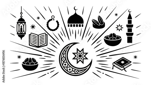 Islamic Ramadan Icons: An artistic collection of Islamic Ramadan icons radiates an aura of cultural celebration, depicting symbols of faith and joy.