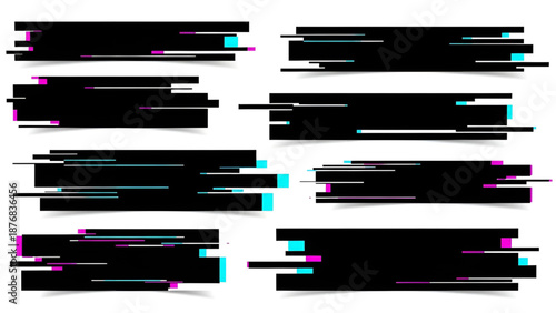 Collection of black glitch effect vector banners with vibrant digital noise for modern design