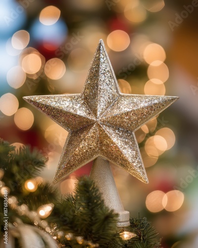 Glittering Star Topper on Christmas Tree with Blurred Lights Background for Festive Holiday Decor