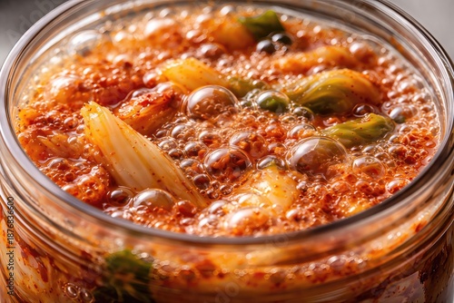 Exquisite close up of bubbling fermented kimchi showcasing vibrant textures and rich colors in a glass jar highlighting the intricate fermentation process and cultural significance of