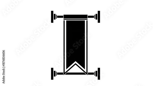 Distinctive vertical banner with arrowed bottom is held by four finials.