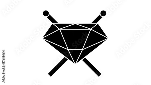 Brilliant faceted diamond is crossed elegantly by two simple sticks in monochrome.