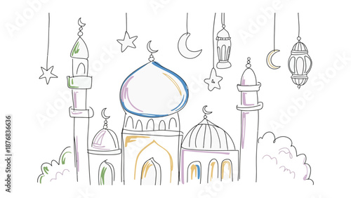 Elegant Islamic Architecture: A beautiful sketch of a mosque showcases a symphony of intricate domes, minarets, and celestial decorations.