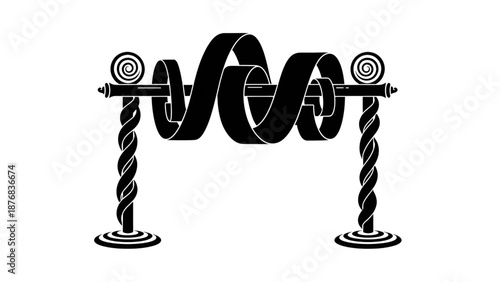 Elegant black ribbon banner gracefully drapes between two decorative spiral posts.