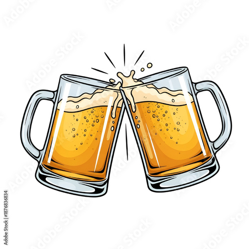 Two vibrant cartoon beer mugs clinking together in celebratory toast with splashing foam.