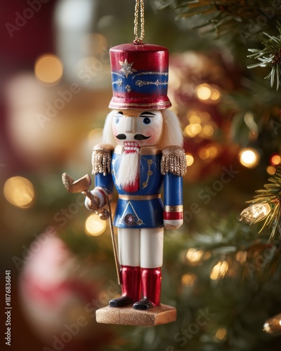 Colorful Nutcracker Ornament Hanging from Evergreen Branch in Festive Background with Soft Bokeh Lights