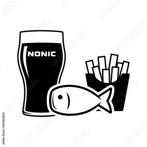 Black and white illustration showing a Nonic beer glass,  fish, and box of french fries.