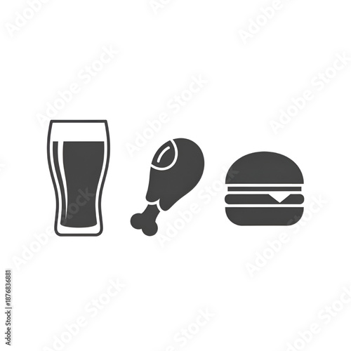 Simple black and white illustration of beer glass, chicken leg, andclassic burger.