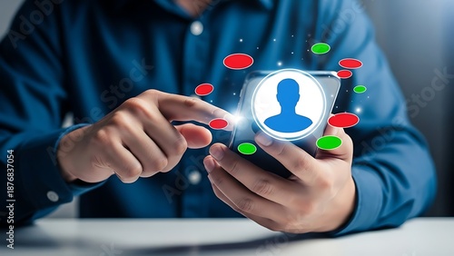 Man holding smartphone with glowing key icon and colorful virus particles floating around