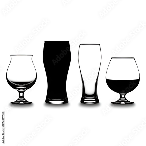 A diverse collection of four beer glasses, two empty and two as silhouettes.