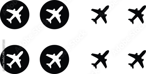 Airplane icon set with angled flight silhouettes and circular plane buttons for travel tourism aviation web design and commercial transport.