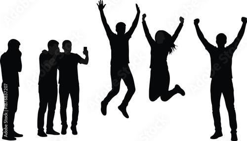 Silhouettes of six people in dynamic and casual poses including jumping, standing, and celebrating for lifestyle, social, and vector design content