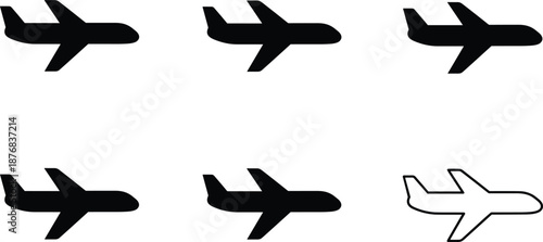 Airplane icon set with black silhouette and outline flying planes for travel aviation transport flight tourism airline commercial jet vector.