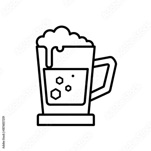 Simple outline icon of beer mug filled with frothy foam and bubbles.