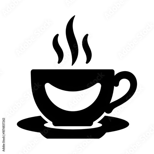 Cheerful black and white icon of a steaming coffee cup with smile.