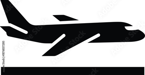 Airplane takeoff icon black silhouette plane flying over runway for airport departure travel aviation flight transport tourism commercial jet vector.