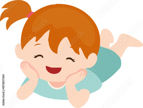 A cute flat cartoon illustration of a smiling little girl lying on her stomach with her chin resting on her hands, wearing a teal outfit