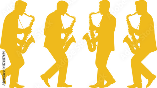 Saxophone Player Silhouettes in Yellow Color Showing Jazz Music Performance, Live Band, and Musical Entertainment Concept