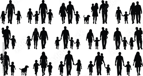 Family silhouettes walking together with children, parents holding hands, baby and dog, happy home lifestyle, black vector illustration, isolated figures