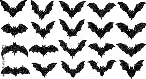Flying bat silhouettes collection, spooky nocturnal animal wings, Halloween horror symbols, dark gothic wildlife, black vector illustration, isolated shapes