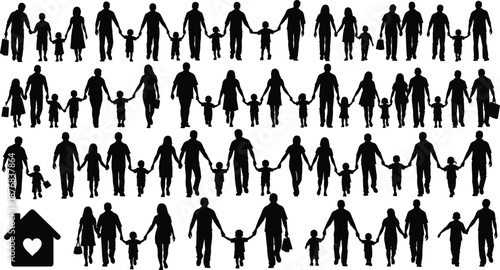 Happy family silhouettes holding hands, parents and children walking together, love home concept, black vector figures, isolated people illustration
