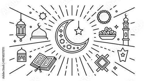 Islamic Festive Illustration: A captivating line art illustration, filled with iconic elements, celebrates the spirit of Islamic celebrations, adorned with traditional motifs.