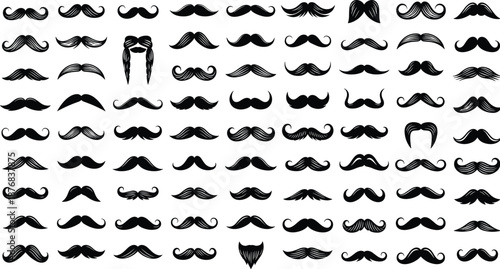 Mustache silhouettes collection, vintage moustache styles, barber and gentleman facial hair icons, retro design elements, black vector illustration
