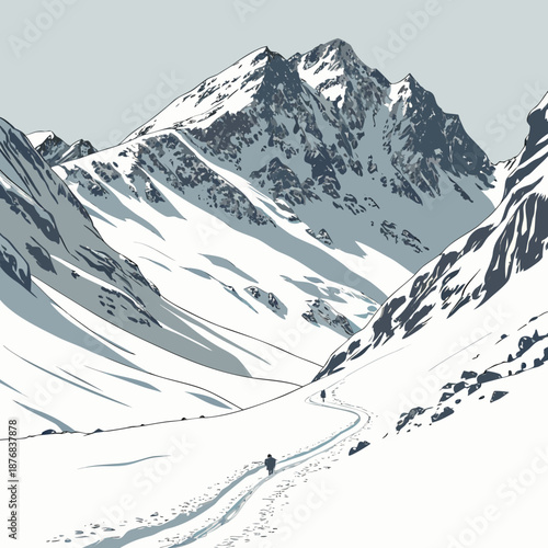 Solitary hiker in snowy mountain valley