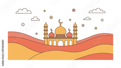 Mosque on the Horizon: An artistic illustration of a mosque set against a backdrop of rolling desert landscape, adorned with stars and clouds. 