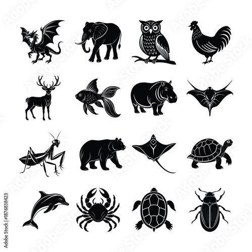 set of black silhouettes of animals