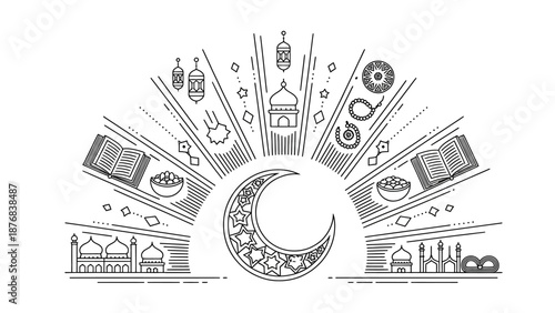 Embracing Ramadan: A delicate line art composition embodies the spiritual essence of Ramadan, featuring a crescent moon adorned with intricate star patterns, surrounded by symbols of Islamic heritage.