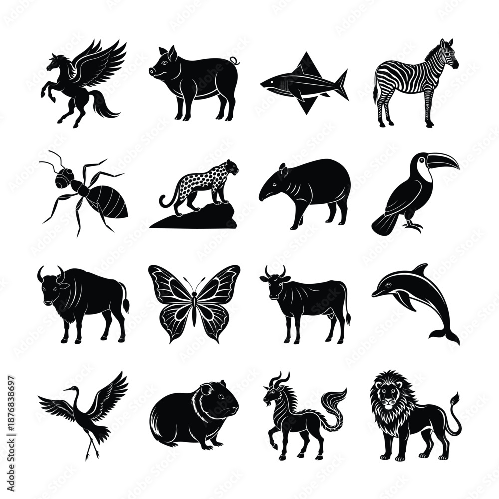 Fototapeta premium Black vector animals silhouettes set