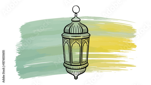 Eid Lantern Illustration: An intricate line art illustration of a traditional lantern, featuring delicate patterns and an artistic watercolor wash background, symbolizes the spirit of Ramadan.
